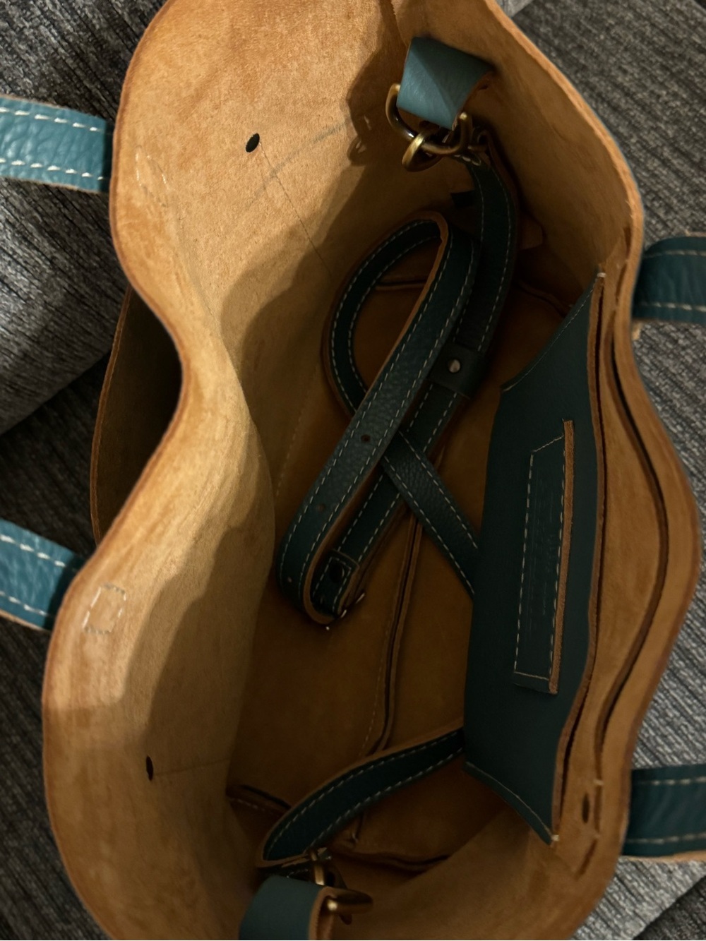 Portland Leather turquoise Crossbody Tote with Tan Interior - Picture 3 of 3